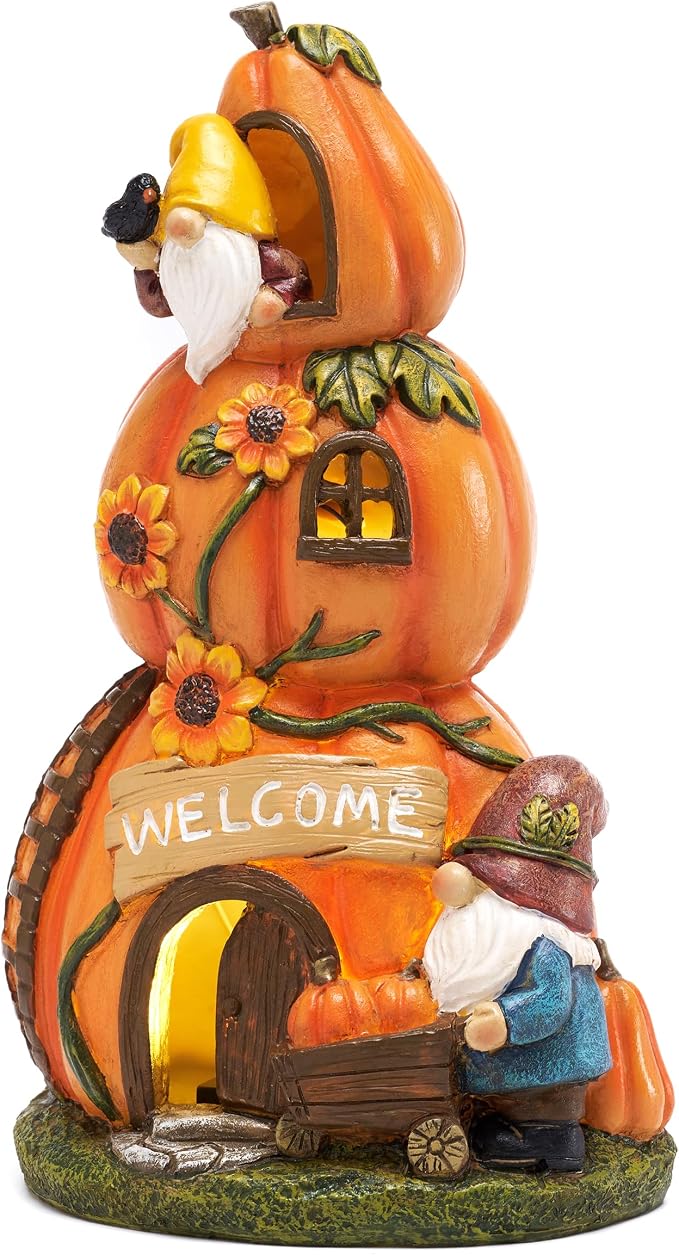 TERESA'S COLLECTIONS Fall Decor, Pumpkin Decor, Orange Pumpkin Fairy House and Gnomes Santa with Solar Lights, Waterproof Resin Outdoor Fall Decor, Fall Gifts Outdoor/Indoor, 6.7"