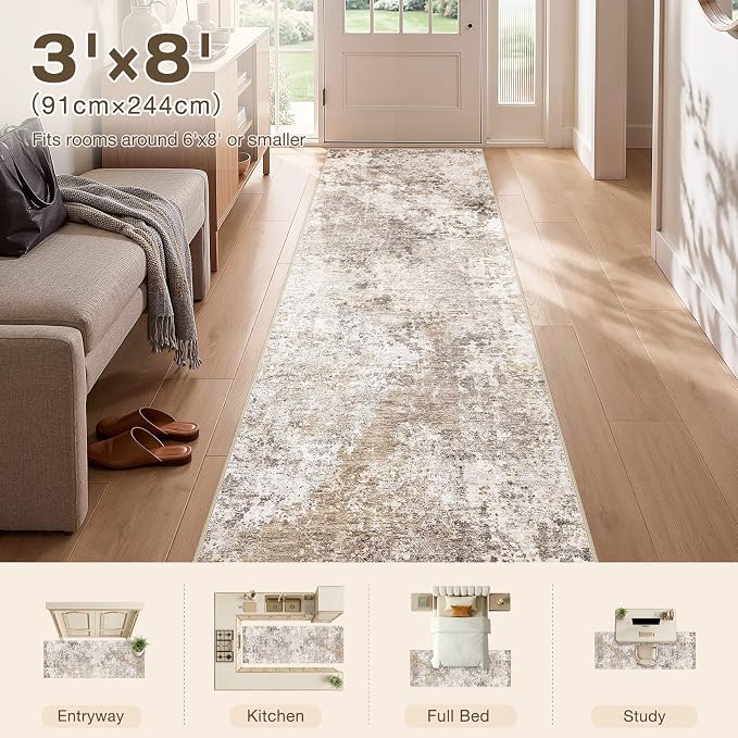 Nakagishi 3x8 Abstract Washable Area Rugs for Entryway-Golden Brown | Modern Non-Slip Silicone Backing Low Pile Soft Carpet for Bedroom Dining Decor for Families with Kids and Pets