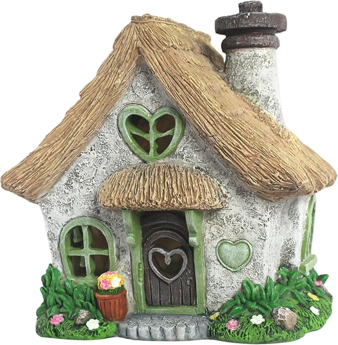 PRETMANNS Fairy House for Outside with Solar Powered LED Lights for Garden - Fairy Garden Houses for Outdoor - Miniature Accessories for Cottage Decor for Village - 7.56” High, Green