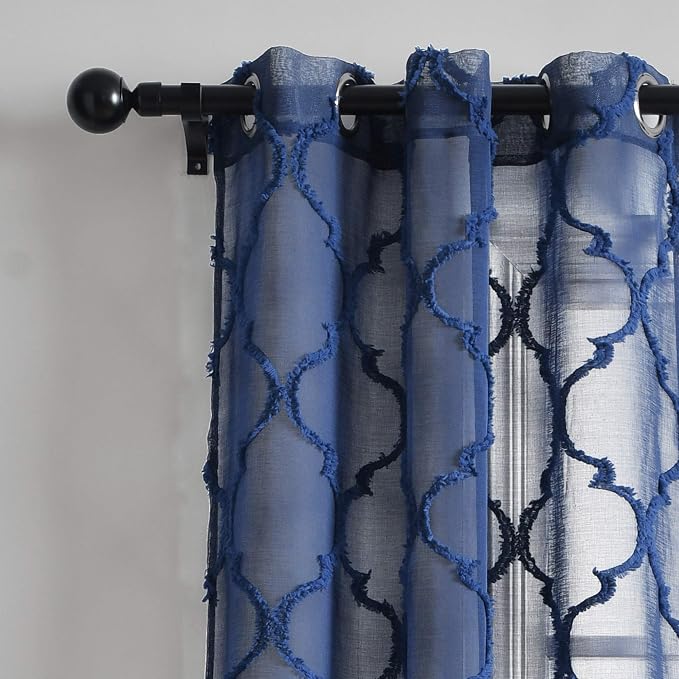 Lush Decor Avon Trellis Grommet Sheer Window Curtain Panels Pair 38" W x 95" L Navy - Sheer Curtains for Living Room - Modern Farmhouse Bedroom Curtains