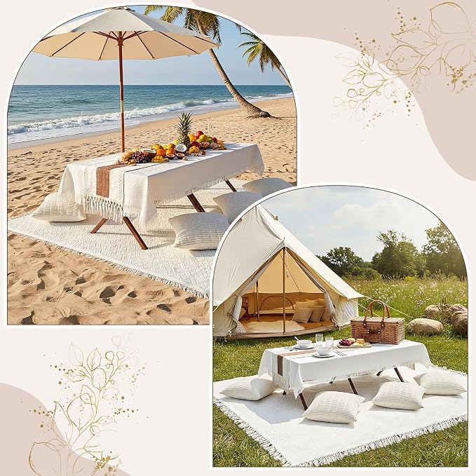 Novabright Picnic Kit Folding Picnic Table Extra Large Outdoor Boho Blanket Beige Table Runner Floor Pillow Covers Woven Cotton Oversize Washable for Camp Wedding (Cream White,Pillow Covers,10 Pcs)