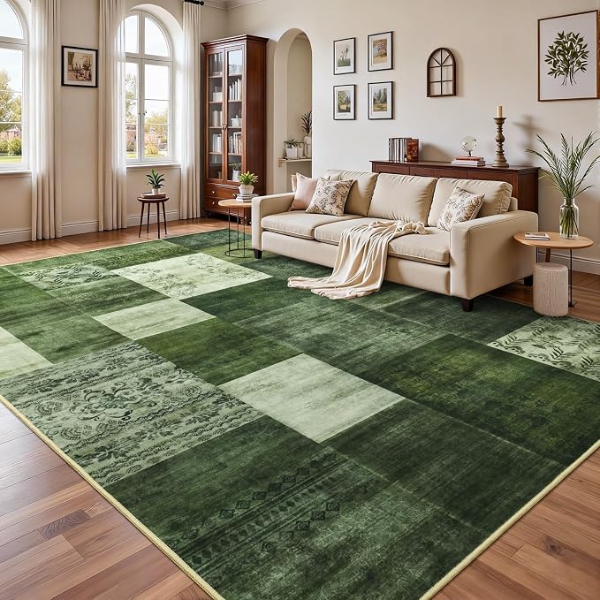 Washable Area Rugs 9x12 for Living Room, Large Modern Geometric Green Soft Patchwork Carpet, Non-Slip Stain Resistant Throw Rug for Bedroom Dining Room Office Home Decor