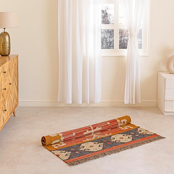 Jute Traditional Kilim Rug Boho Flatweave Area Rug for Living Room, Living Room Entryway, Tribal Series, 3'x5'