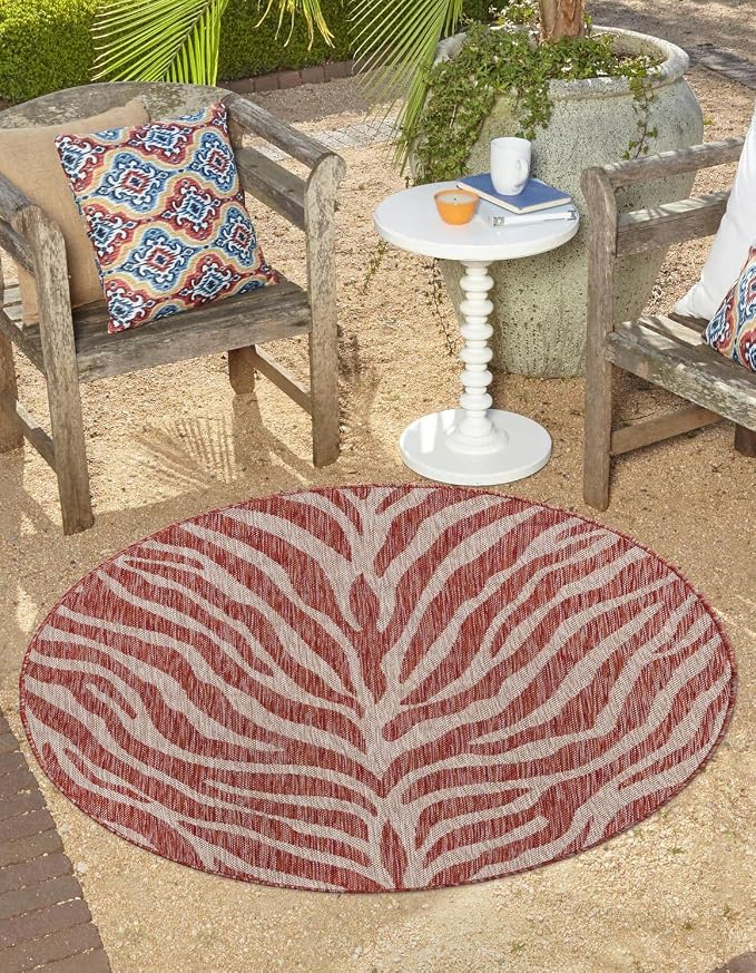 Unique Loom Outdoor Safari Collection Area Rug - Tsavo (4' 1" Round, Rust Red/ Ivory)