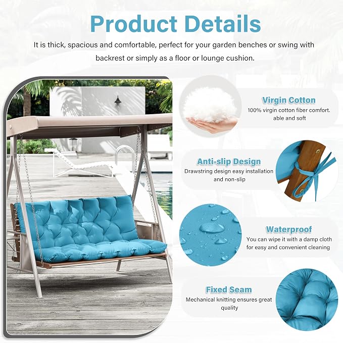 Porch Swing Cushion with Backrest,Waterproof Bench Cushion for Outdoor Furniture,2-3 Seater Replacement Thickened 5 in swing cushion,with Ties,Patio,Outdoor,Backyard and Garden (Lake Blue,60x40 in)