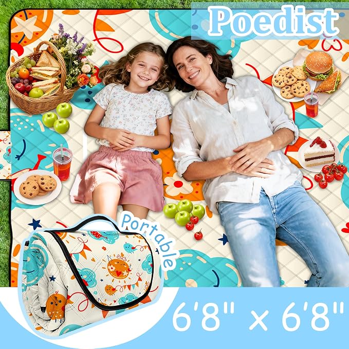 Poedist Extra Large Picnic Blanket Waterproof,80"x 80"Foldable Machine Washable Beach Blanket,Outdoor Blanket for 6-8 Adults,Suitable for Indoor Crawling,Park Beach,Camping,Hiking,Family Travel(Sun)