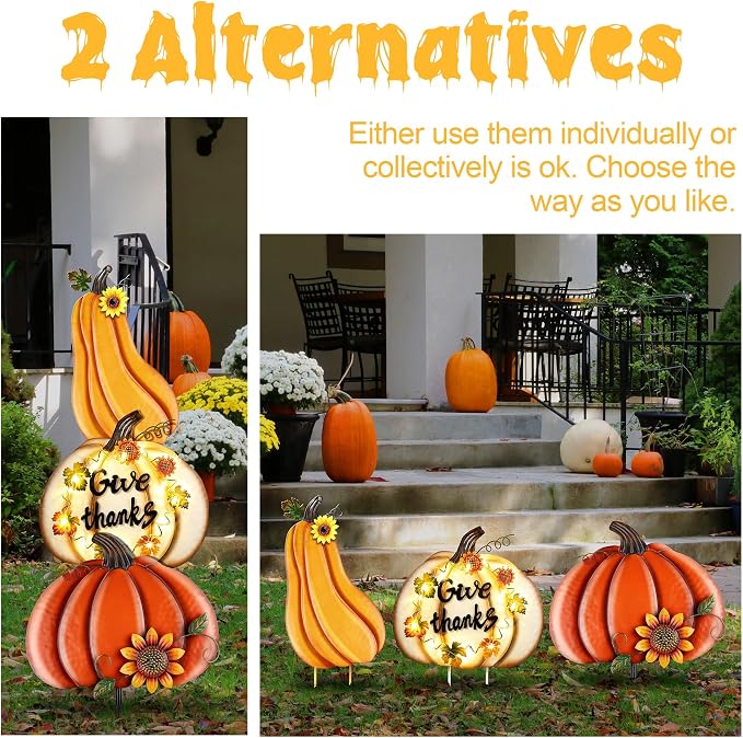 Fovths 42.3 Inch 3 Pieces Thanksgiving Metal Fall Pumpkins Garden Yard Sign, Giant LED Metal Thanksgiving Pumpkin Yard Sign Stakes, Waterproof Fall Harvest Pumpkin for Outdoor Lawn Decor
