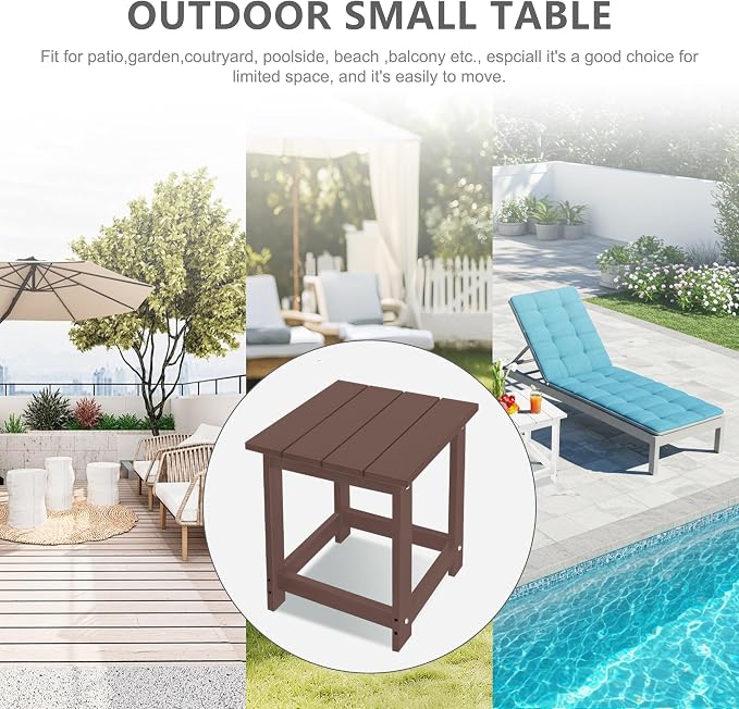 LZRS Patio Side Table, Heavy Duty HDPE Outdoor End Table with Wood Texture, Weatherproof Composite Table for Adirondack Chairs, Deck, Pool, Indoor/Outdoor, No Peeling or Cracking(Brown)