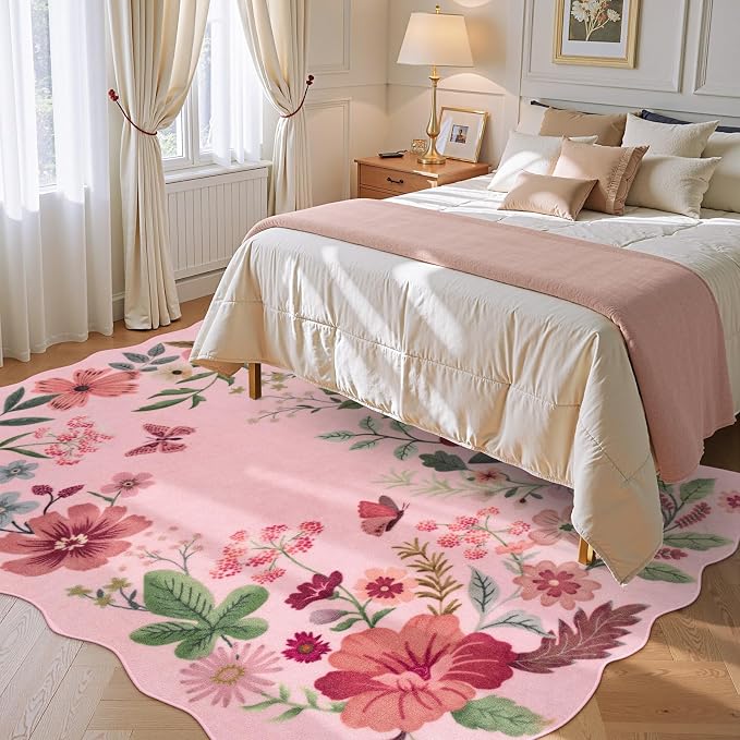Lahome Floral Living Room Rugs, Washable Pink Area Rugs 5x7 Rug for Bedroom | Ultra-Thin Soft Rug Non-Slip Washable Rugs Throw Boho Rug for Nursery Playroom Classroom Flore (5x7ft, Pink)