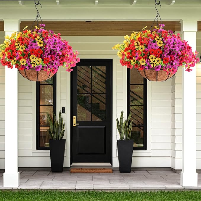 Geegoods Artificial Hanging Flowers for Outdoors, 1 Pack UV Resistant Fake Hanging Basket with 12 Pcs Mixed-Color Mums, Realistic Artificial Hanging Plants for Porch Patio Balcony Yard Garden Decor