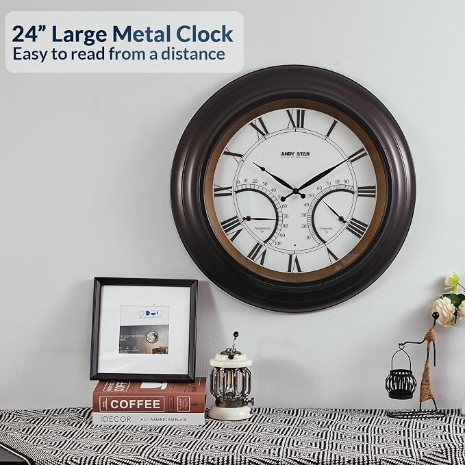 ANDY STAR 24 Inch Outdoor Clocks Waterproof,Large Outdoor Wall Clocks for Patio with Thermometer, Weatherproof Illuminated Clock Battery Operated with Thermometer&Hygrometer,Oil Rubbed Bronze Black