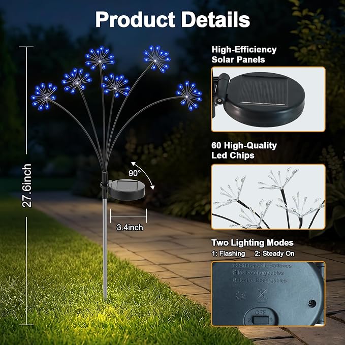 Solar Garden Lights Outdoor, Upgraded Solar Swaying Starburst Light Waterproof with 2 Modes, Solar Fairy Firework Lights for Yard Patio Pathway Flowerbed Balcony Garden Decoration (Blue, 2 Pack)