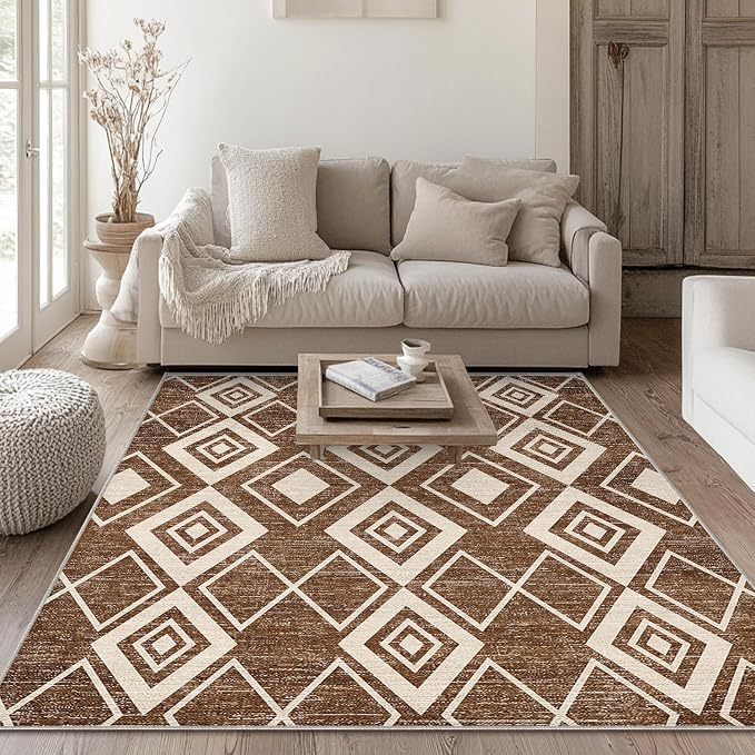 4x6 Moroccan Area Rug for Living Room Bedroom Entryway Western Boho Terracotta Modern Farmhouse Rug Machine Washable Non-Slip Tribal Series Carpet for Bedside Dining Room Office