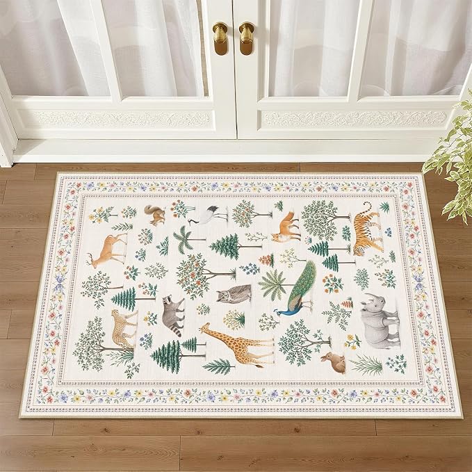 Jungle Animal Print Rug 2x3 for Entryway Wild Zoo Animals Forest Area Rugs Machine Washable Rug Non Slip Print Low Pile Indoor Front Door Mat for Kids Room Nursery Bathroom Playroom Kitchen,Beige