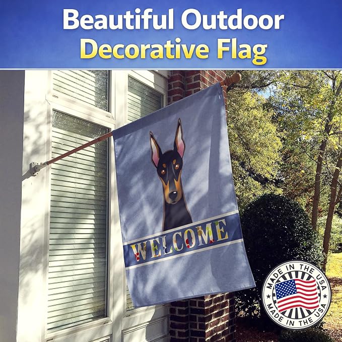 Caroline's Treasures BB1431CHF Doberman Welcome House Flag, Blue Large Porch Sleeve Pole Decorative Outside Yard Banner Artwork Wall Hanging, Polyester, House Size, Multicolor