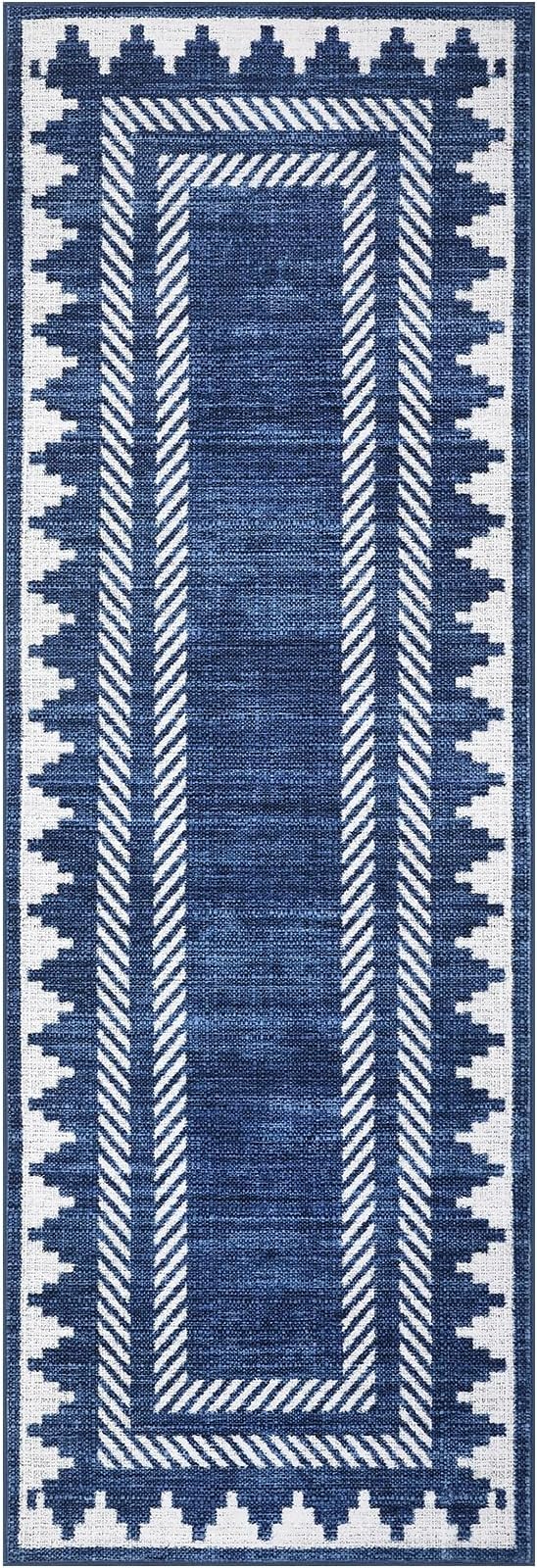 GarveeHome Modern Geometric Runner Rug 2x6 Washable Hallway Runner Bordered Neutral Bathroom Rug Non Slip, Non Shedding Stain-Resistant Kitchen Mat, Soft Low Pile Neutral Carpet for Laundry, Blue