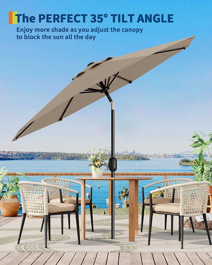 GarveeLife 10 ft Outdoor Patio Umbrella, Outdoor Table Umbrella, Market Umbrella with Push Button Tilt and Crank, 8 Sturdy Ribs UV Protection Waterproof for Garden, Deck, Backyard, Pool (Light Tan)