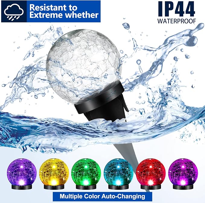 Glooglitter 6 Pcs Extra Large Solar Globes Lights Outdoor Cracked Glass Ball Solar Light Multi Color Pre Lit Crystal Waterproof Lawn Globes for Yard Landscape Garden Decor (4.72")