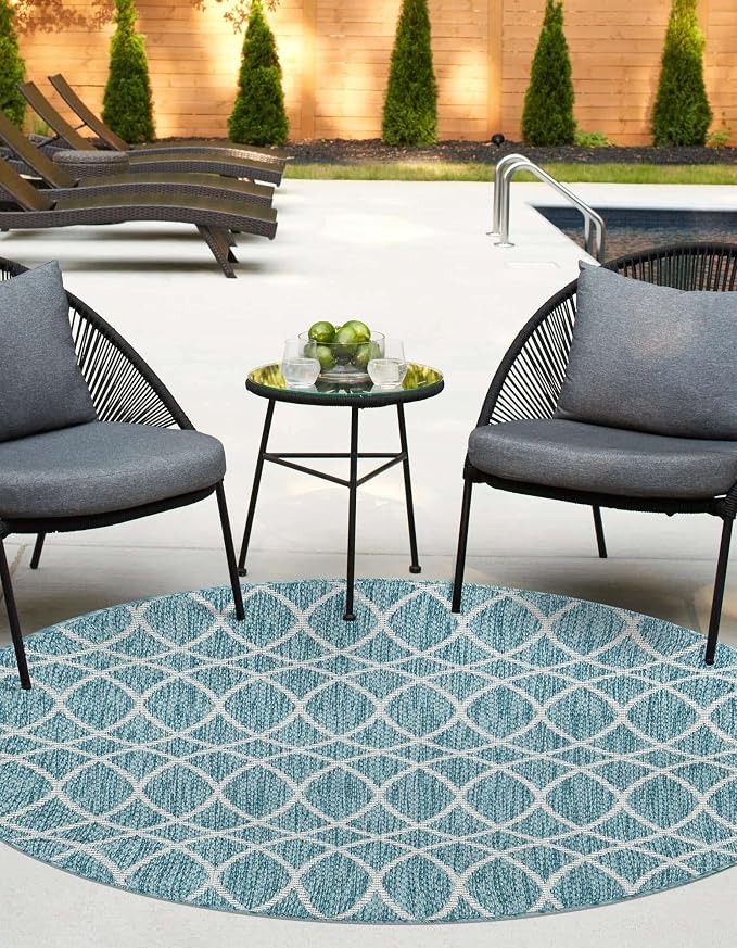 Unique Loom Outdoor Trellis Collection Area Rug - Gitter (4' 1" Round, Light Aqua/ Ivory)