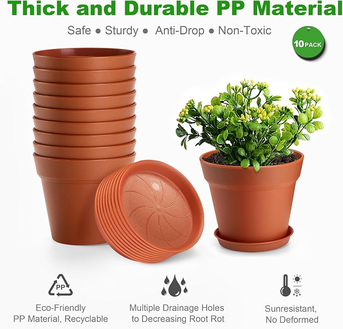 10 Pack Plastic Plant Pots with Drainage Holes and Tray, 6 inch Thickened Indoor Planters Seedlings Nursery Pots for Flowers, African Violet, Succulent and All House Plants, Terracotta
