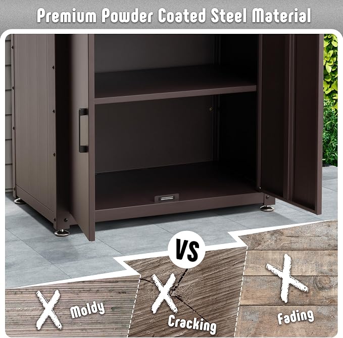 Feasto Outdoor Potting Bench Table with Storage Cabinet, Brown | Stainless Steel Garden Workstation, Raised-Edge Top, Adjustable Shelf & Removable Hutch, Patio, Balcony & Outdoor Workspace