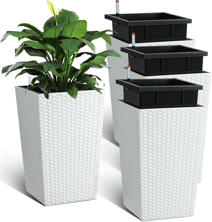 Garvee 16 Inch Tall Planters Set of 4, Self Watering Planters for Outdoor Indoor Plants with Drainage & Water Level Indicator, Tall Flower Pots for Front Porch, Patio, Balcony & Entryway