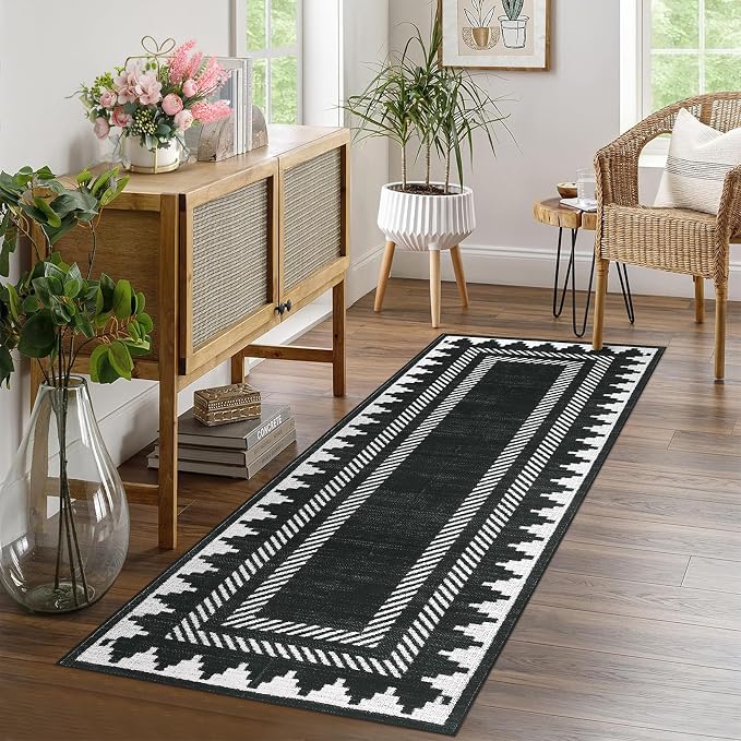 GarveeHome Modern Geometric Runner Rug 2x6 Washable Hallway Runner Rugs Black Unique Bordered Neutral Accent Rug Non Slip, Non Shedding Low Pile Kitchen Mat, Soft Low Pile Neutral Carpet for Laundry