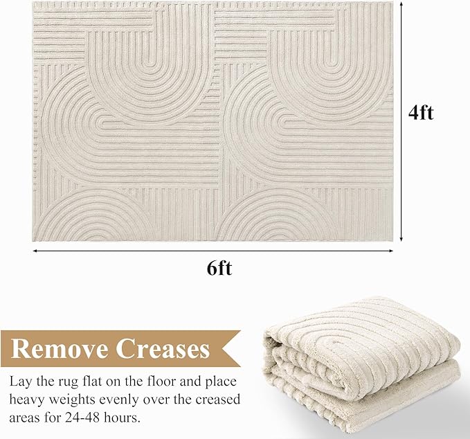 Pauwer 4x6 Area Rugs for Living Room, Modern Non Slip Washable Rug, Beige | Arch Pattern, Soft Fluffy, Neutral, Boho Accent, Solid Color Floor Carpet, For Kids Room Dining Room Nursery Entryway