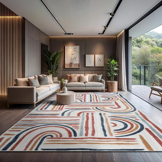 CAMILSON Indoor Outdoor Rug, Multicolor 8x10 Geometric Arch Striped Area Rugs for Patio and Home Areas, Easy-Cleaning Non-Shedding Living Room, Garden and Deck Washable Outside Carpet (8 x 10)