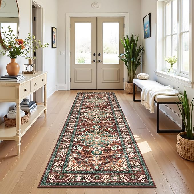 U'Artlines 3' x 10' Boho Hallway Runner Rug, Washable Carpet, Rust＆Teal | Non Slip, Vintage Farmhouse Accent Area Rug Carpet, for Bedroom, Dining Room, Laundry and Living Room