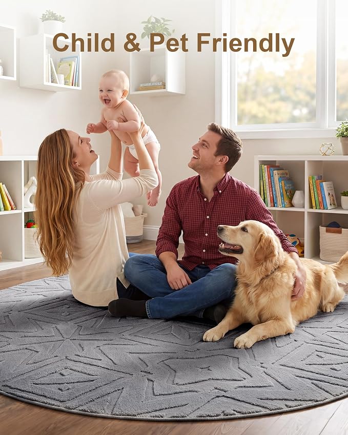 Carvapet Washable 6.5' Round Rug High Low Pile Area Carpet | Soft plush non-slip indoor floor rug, ideal for living room, bedroom, home and kids nursery decor
