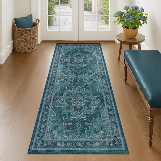 Teal 2x6 Runners for Kichen Floor Washable Non Skid, Boho Hallway Runner Rug for Entryway Front Door Foyer Mudroom, Vintage Medallion Carpet Runners 6ft for Bedroom Bathroom Laundry Room