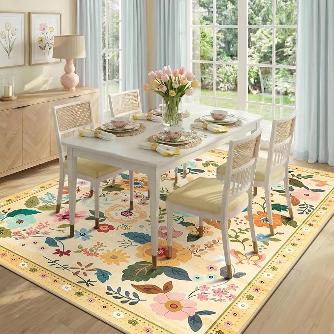 RELEANY Floral Washable 8x10 Area Rugs Yellow/Orange | Flower Carpet, Print, Boho, Non-Slip, Easy to Clean, Soft, Low Pile for Living Room Bedroom Kitchen Office Entryway Hallway