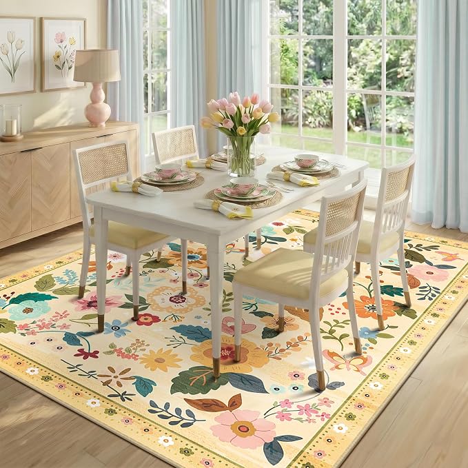 RELEANY Floral Washable 6x9 Area Rugs Yellow/Orange | Flower Carpet, Print, Boho, Non-Slip, Easy to Clean, Soft, Low Pile for Living Room Bedroom Kitchen Office Entryway Hallway