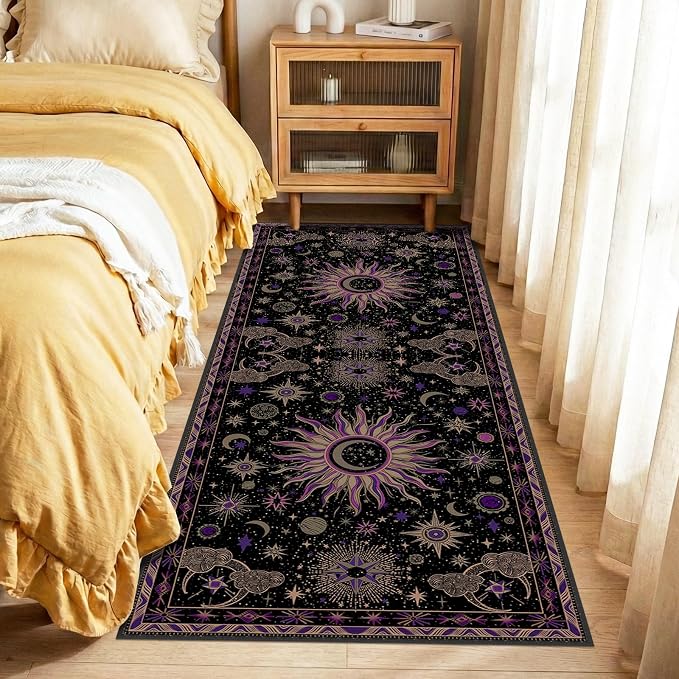 Vacuum-Friendly, 2x6 Washable Area Rug, Black Purple Beige | Sun and Moon Boho Gothic Non-Slip Low Pile Living Roon Bedroom Dining Room Kitchen Entry Entryway Entrance Hallway Doormat