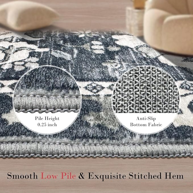 Washable Area Rugs - Perfect for Living Room, Bedroom, Kids Room, Nursery - Stain & Water Resistant Non-Slip, Pet & Child Friendly, Vintage Tribal Area Rugs (Grey, 2'6'' x 8')