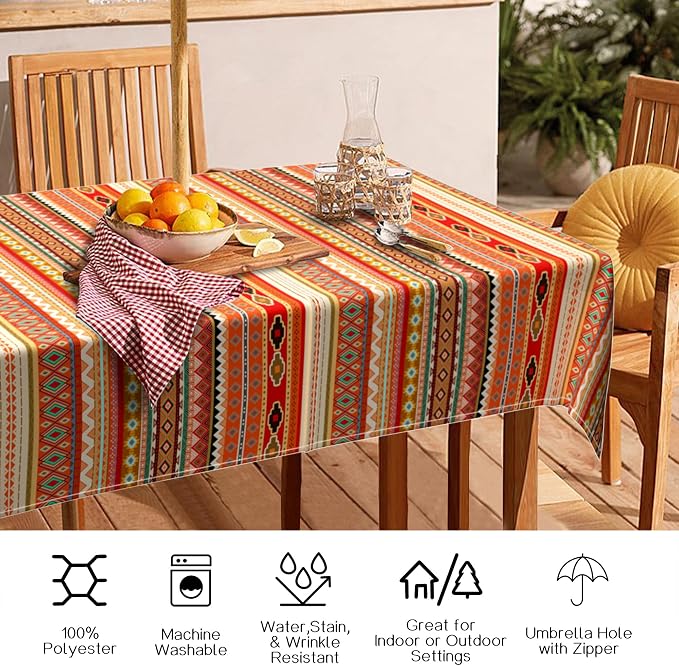 Outdoor Tablecloth with Umbrella Hole and Zipper, Rectangle Patio Table Covers for Spring/Summer, Machine Washable Outdoor Picnic Table Cloth (Boho Kilim, 60" × 84" Rectangular)