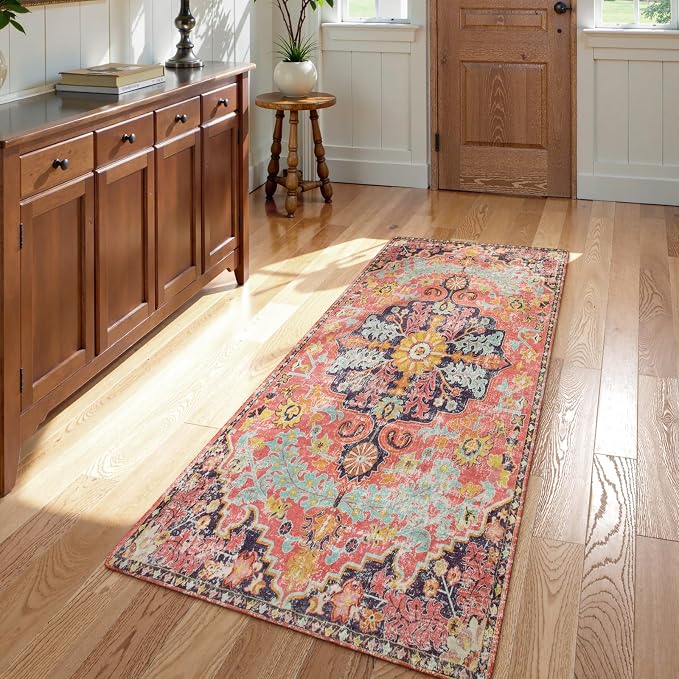 Lahome Reine Bohemian Floral Medallion Runner Rug, 2x4 Pink Bathroom Rug Runner, Machine Washable Non-Slip Hallway Mat Indoor Laundry Carpet Runners for Kitchen Living Bedroom, Fuchsia/Multi