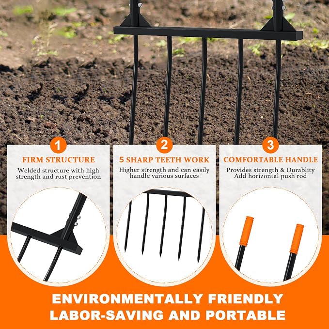 Broad Fork Garden Tool, broadfork Ergonomic Design - for Farms, Gardens, Vegetable plots, for Easy Turning of the Soil, Removal of Weeds, 5 Wide Fork Hand Cultivator Black