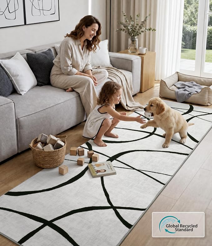 2x6 Washable Modern Black White Kitchen Runner Rug | Ultra-Thin Low Pile, Non-Slip TPE Backing, Soft Stain Resistant, Machine Washable, for Bedroom Livingroom High Traffic