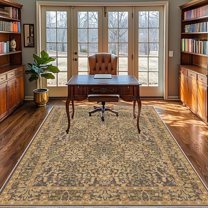 5x7 Washable Area Rugs for Living Room, Stain Resistant Vintage Rugs for Dining Room Under Kitchen Table, Bedroom, Floral Low Pile Non-Slip Large Carpet (5 x 7 Goldenrod)