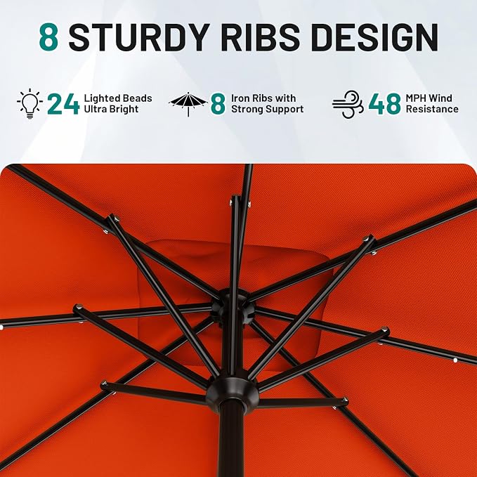 AreShark 8' X 10' Rectangular Patio Umbrella with Solar Lights, Lighted Solar Umbrella with Crank, Outdoor Table Umbrella for Garden, Deck, Backyard, Pool and Beach, Orange