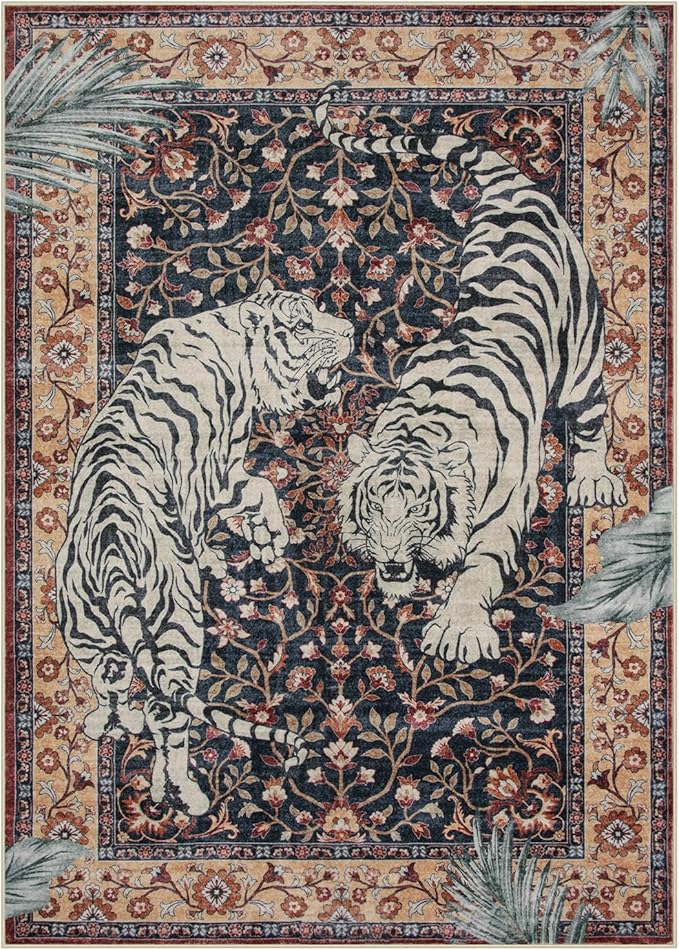 Moynesa Tiger Washable Area Rugs for Living Room, 5x7 Vintage Soft Rug for Bedroom, Non Slip Boho Ultra Thin Large Stain Resistant Throw Rug for Dining Guest Room, Puce Red