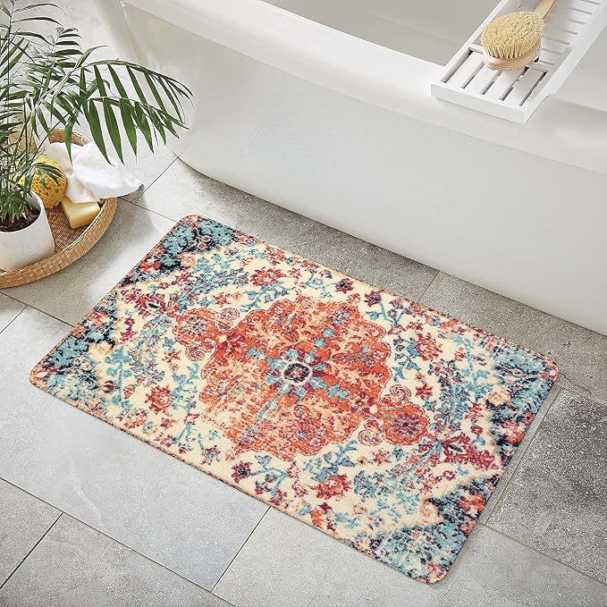 Lahome Reine Bohemian Floral Medallion Area Rug - 2x3 Oriental Distressed Small Bath Rug Country Vintage Doormat Faux Wool Non-Slip Washable Low-Pile Carpet for Bathroom Kitchen Laundry Room Decor