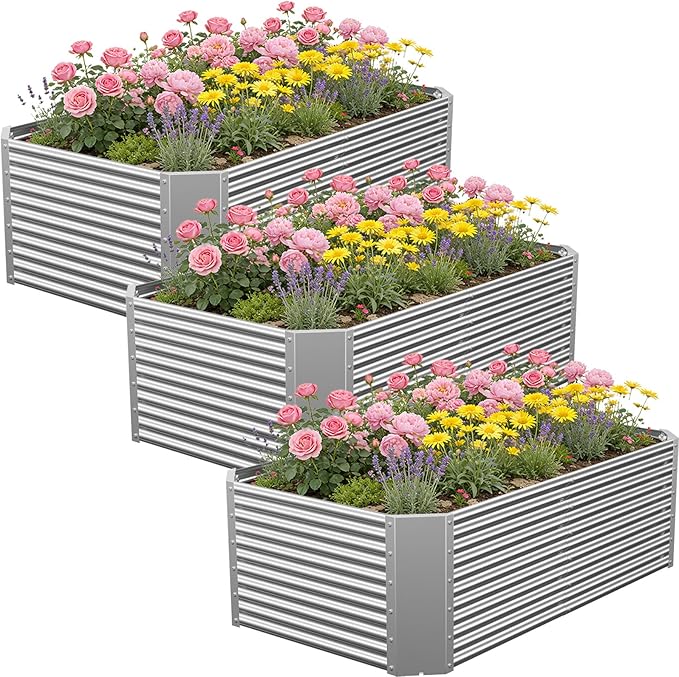 Galvanized Steel Raised Garden Bed, 3 Pack, 4×2×1.4ft | Outdoor Planter Box, For Root Vegetables, Herbs & Flowers, Metal Construction, For Backyards, Terraces & Balconies