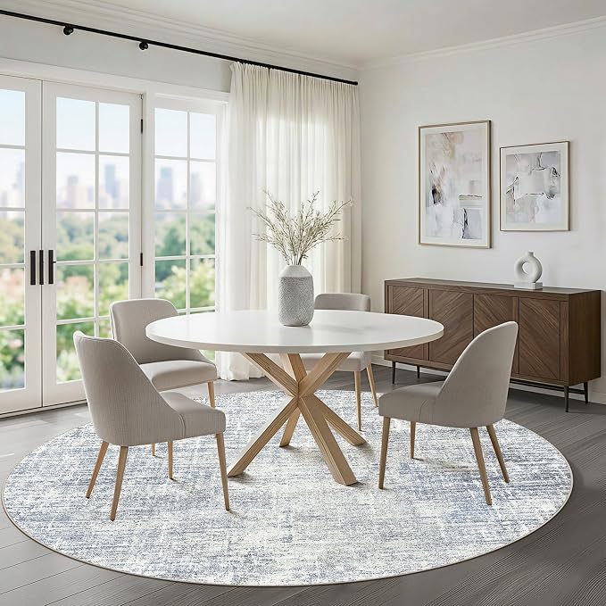 LOONGRUG Round Rug 7x7 Washable Neutral Modern Rug for Living Room Blue | Circle Large Abstract Soft Stain Resistant Indoor Non-Slip Carpet for Bedroom Nursery Kids Office Playroom Dining Room