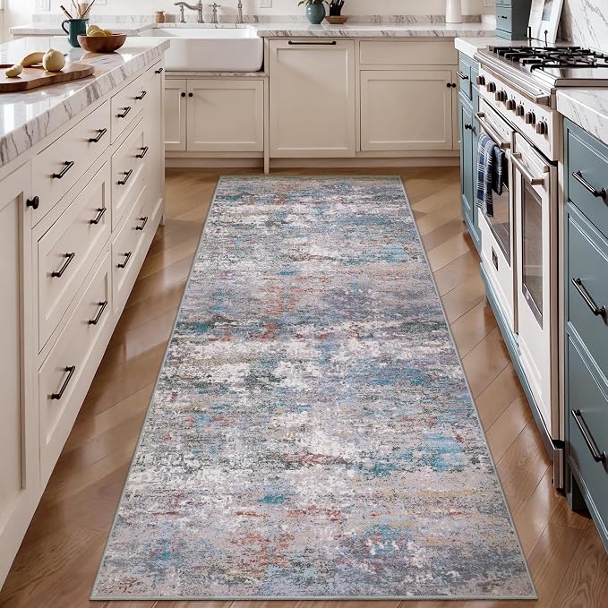 Abstract 2x6 Washable Runner Rug for Hallway, Modern Non Slip Runner Rugs | Tangsoo Contemporary Indoor Soft Low Pile Rug Print Carpet Runners for Laundry Entryway Bedroom Kitchen Blue Grey Home Decor