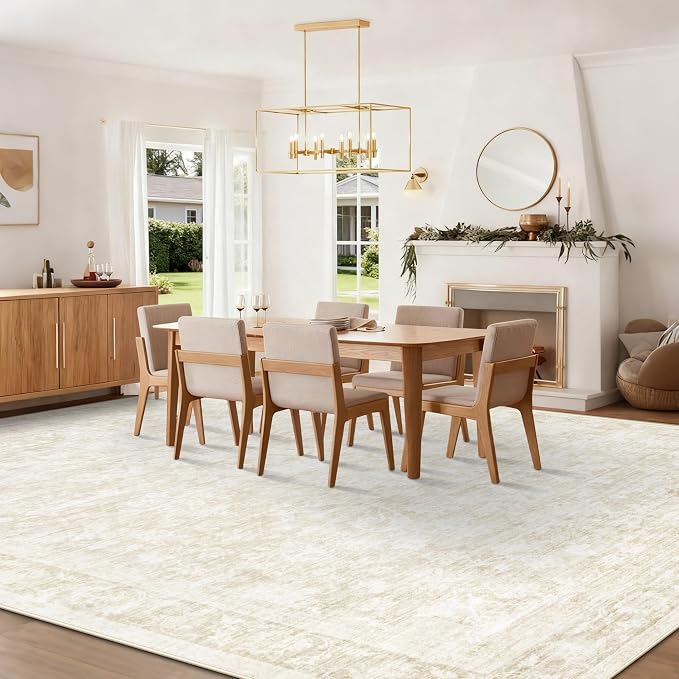 10x14 Area Rugs for Living Room: Washable Large Vintage Floral Rug Low Pile Non-Slip Boho Carpet for Bedroom Dining Home Office (Beige, 10'x14')