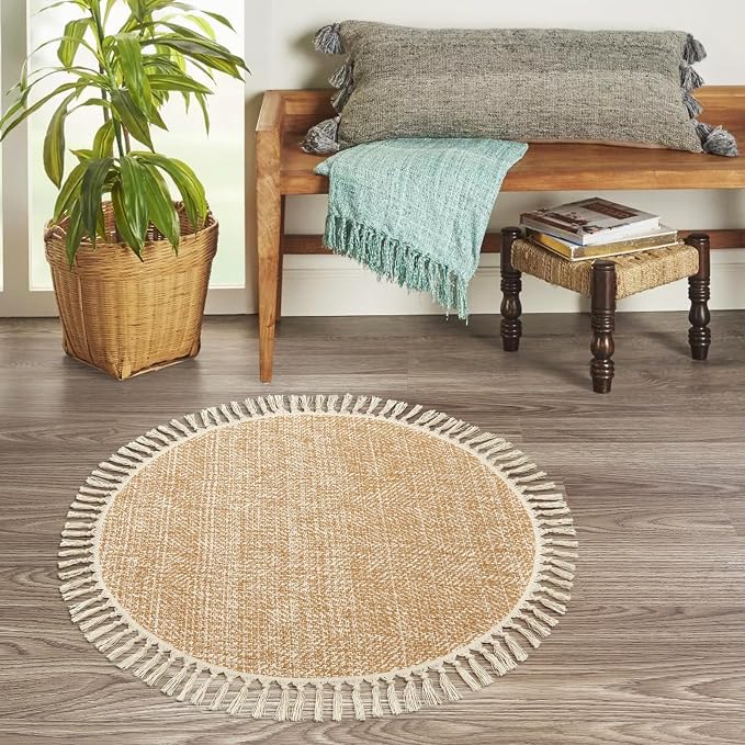 Boho Round Area Rug, Soft Hand Woven Washable Bedroom Carpet 3ft | Modern Farmhouse Bedside Rugs with Tassels, Tan/Cream Circle Nursery Rugs for Living Room Dining Room Table Office