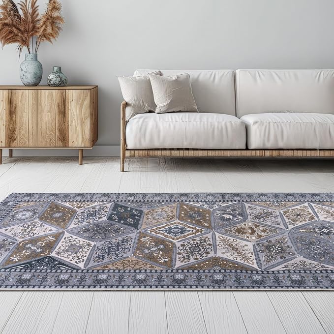 Moroccan Vintage Distressed Boho Geometric Dark Grey 2x6 Runner Rug | Washable Non Slip Throw Floor Long Carpet Runner for Hallway Entryway Kitchen Bathroom Bedroom Livingroom Light Grey